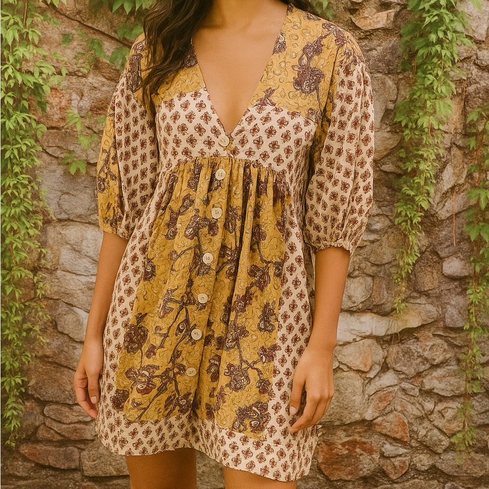 KINGA CSILLA Boho Patchwork Gold and Cream Button-Front Mini Dress, 6